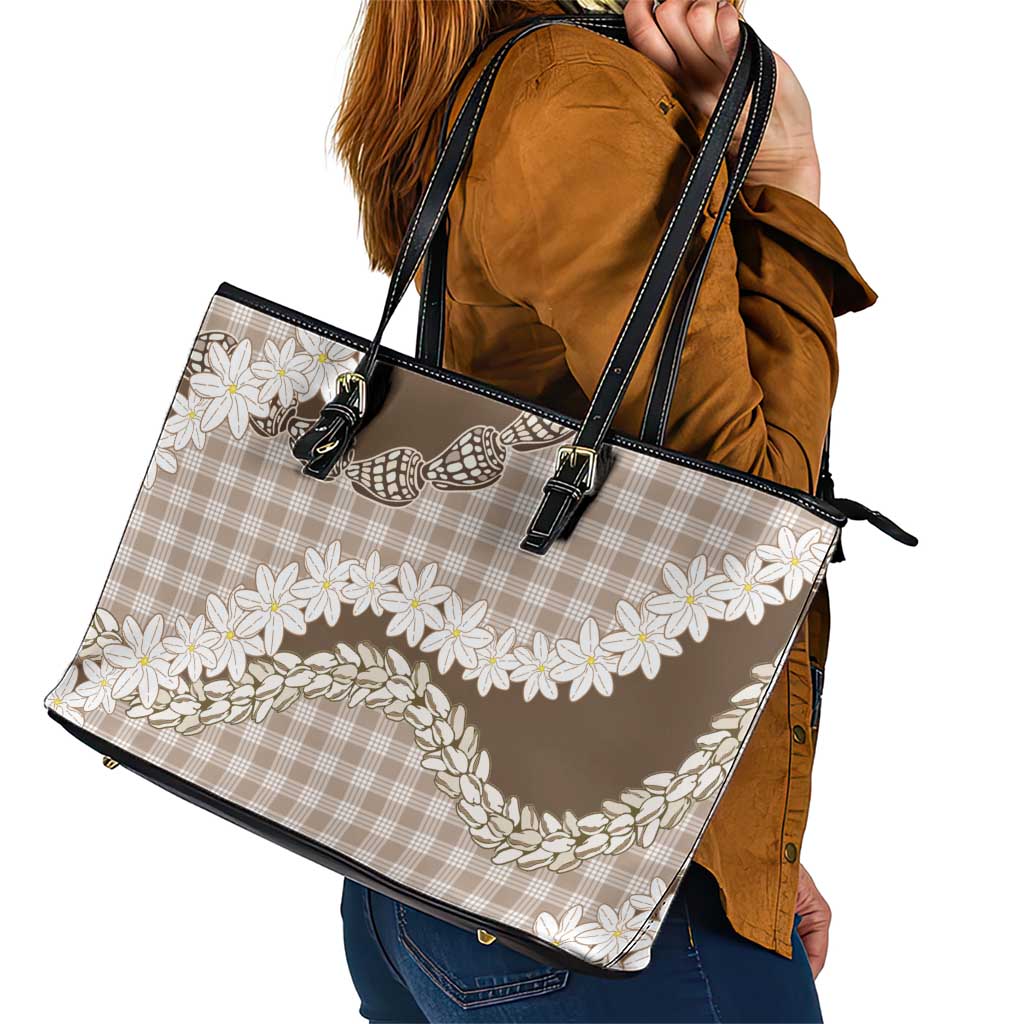 Brown Hawaii Tiare and Shell Lei Leather Tote Bag Hawaiian Palaka Luxury Vibes LT14 - Polynesian Pride