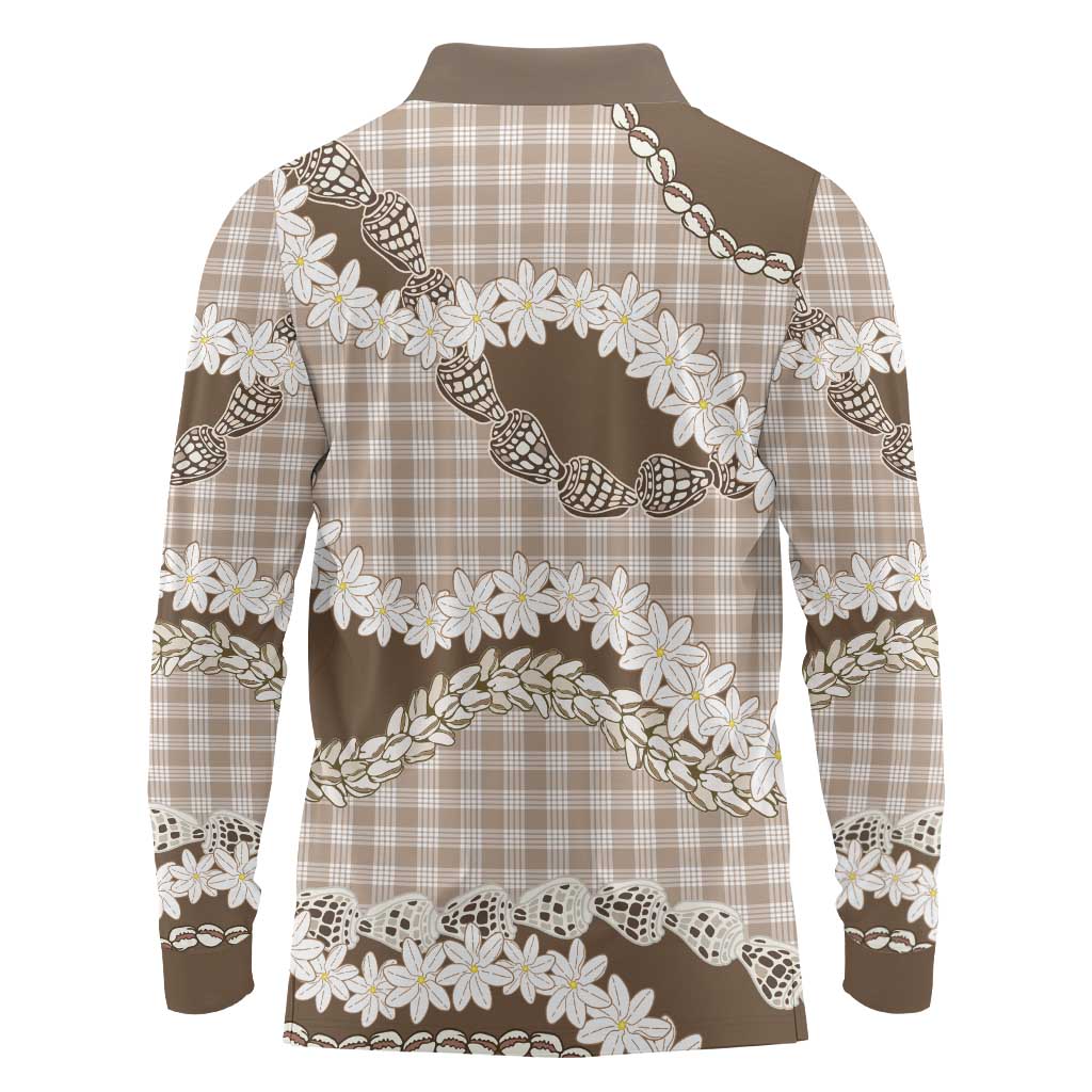 Brown Hawaii Tiare and Shell Lei Long Sleeve Polo Shirt Hawaiian Palaka Luxury Vibes LT14 - Polynesian Pride