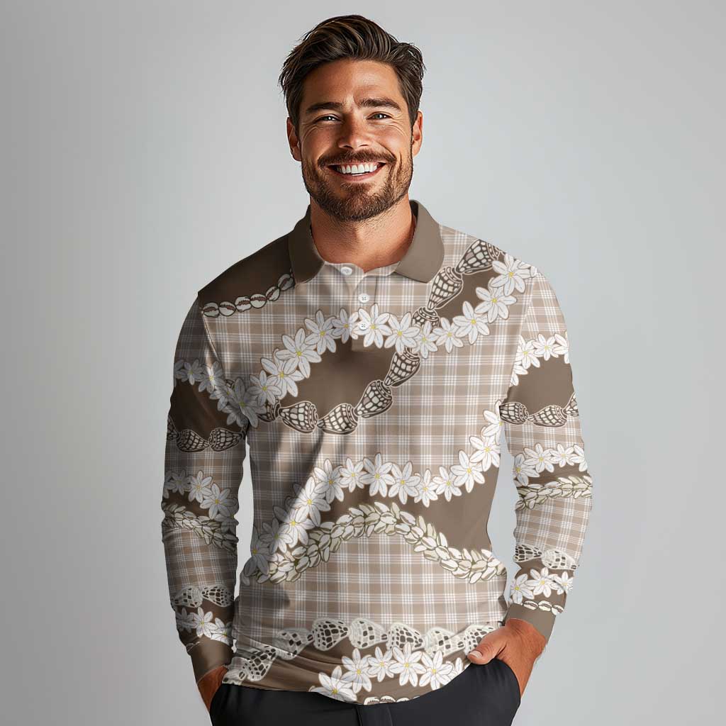 Brown Hawaii Tiare and Shell Lei Long Sleeve Polo Shirt Hawaiian Palaka Luxury Vibes LT14 - Polynesian Pride