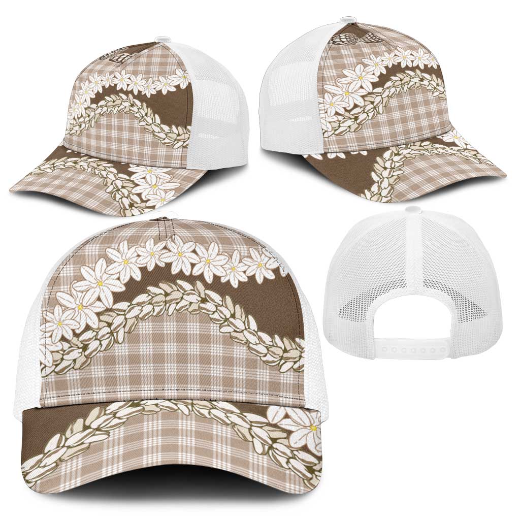Brown Hawaii Tiare and Shell Lei Mesh Trucker Cap Hawaiian Palaka Luxury Vibes - Polynesian Pride
