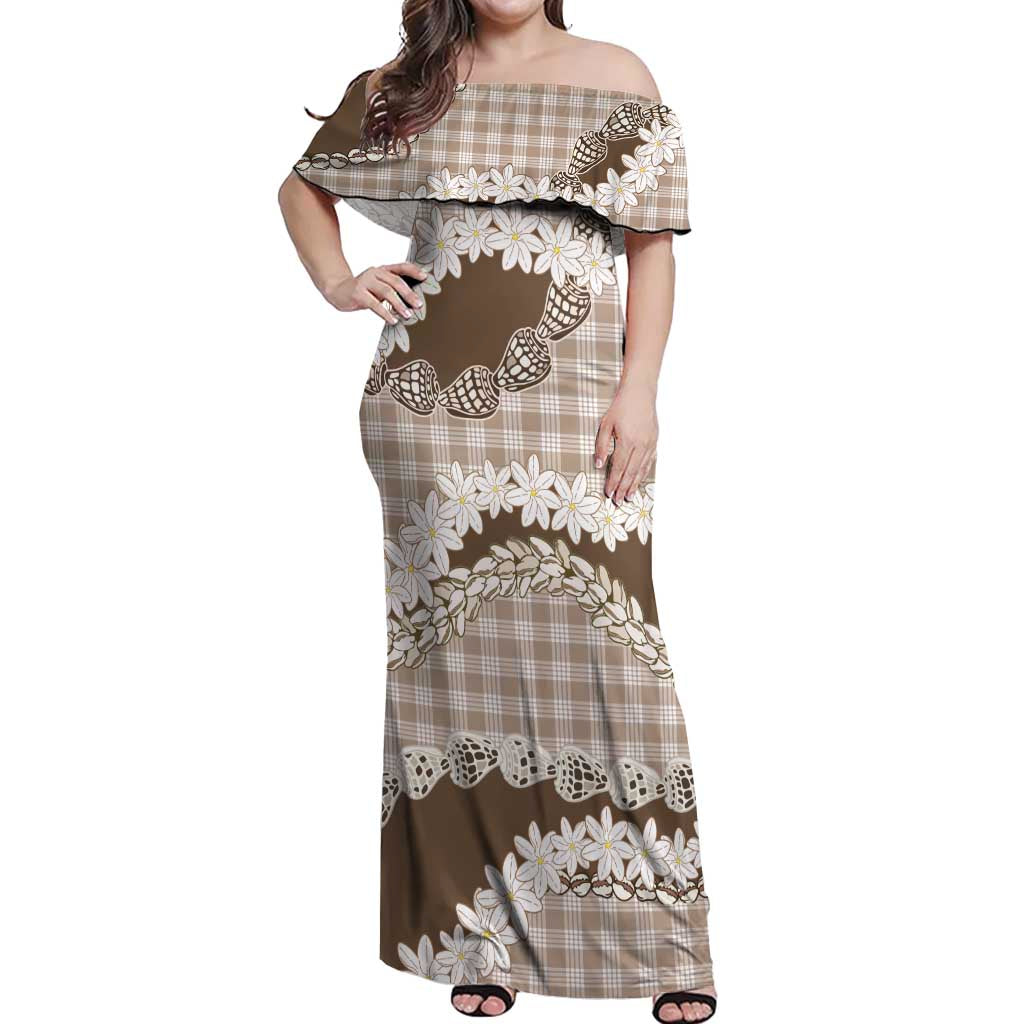 Brown Hawaii Tiare and Shell Lei Off Shoulder Maxi Dress Hawaiian Palaka Luxury Vibes - Polynesian Pride