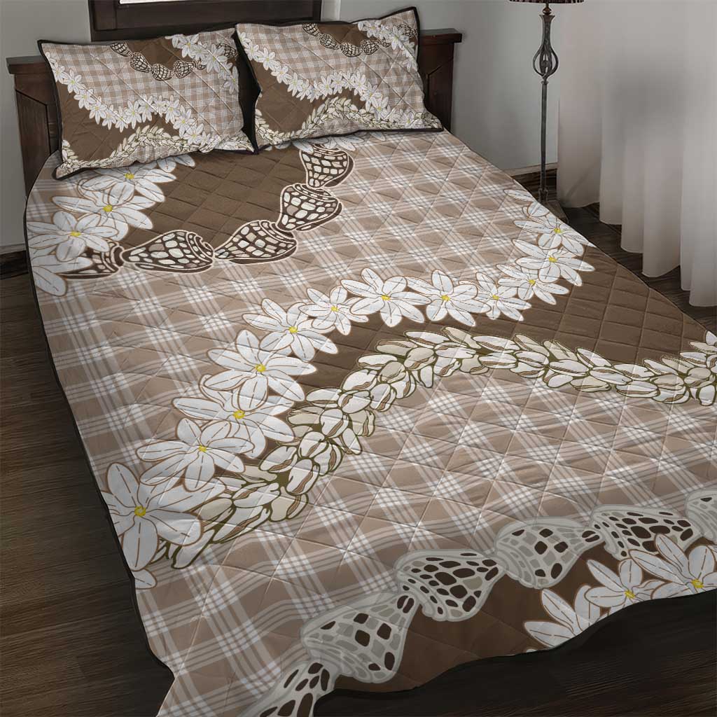 Brown Hawaii Tiare and Shell Lei Quilt Bed Set Hawaiian Palaka Luxury Vibes - Polynesian Pride