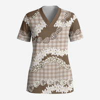 Brown Hawaii Tiare and Shell Lei Scrub Top Hawaiian Palaka Luxury Vibes LT14 Adult Brown - Polynesian Pride