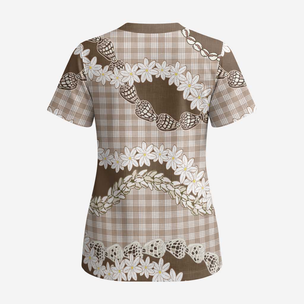 Brown Hawaii Tiare and Shell Lei Scrub Top Hawaiian Palaka Luxury Vibes LT14 - Polynesian Pride