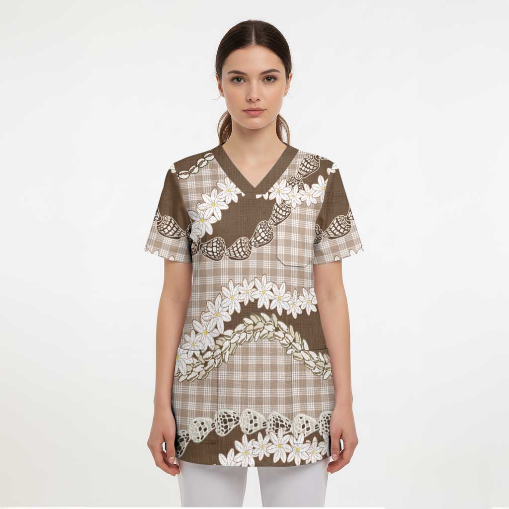 Brown Hawaii Tiare and Shell Lei Scrub Top Hawaiian Palaka Luxury Vibes LT14 - Polynesian Pride