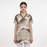 Brown Hawaii Tiare and Shell Lei Scrub Top Hawaiian Palaka Luxury Vibes LT14 - Polynesian Pride