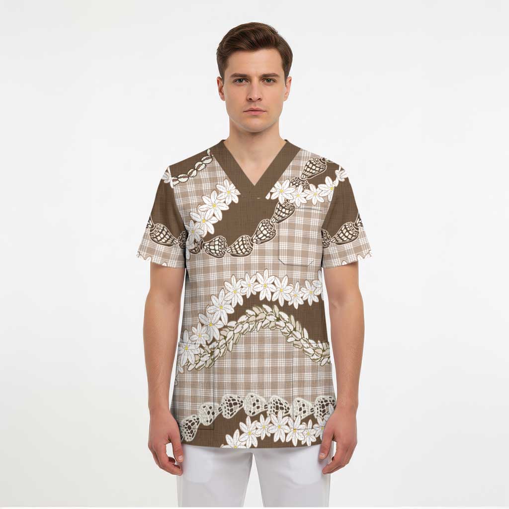 Brown Hawaii Tiare and Shell Lei Scrub Top Hawaiian Palaka Luxury Vibes LT14 - Polynesian Pride