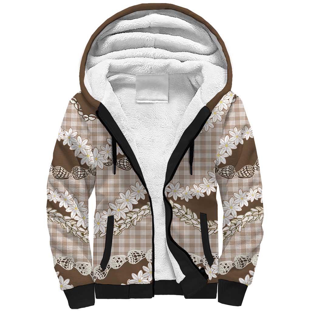 Brown Hawaii Tiare and Shell Lei Sherpa Hoodie Hawaiian Palaka Luxury Vibes - Polynesian Pride