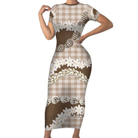 Brown Hawaii Tiare and Shell Lei Short Sleeve Bodycon Dress Hawaiian Palaka Luxury Vibes - Polynesian Pride