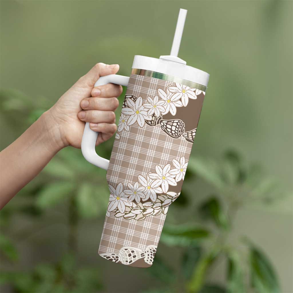 Brown Hawaii Tiare and Shell Lei Tumbler With Handle Hawaiian Palaka Luxury Vibes - Polynesian Pride