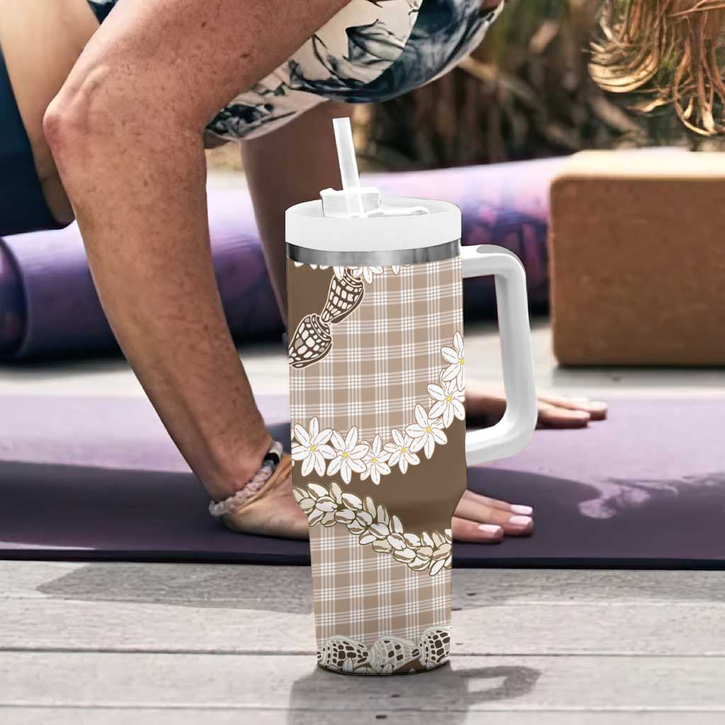 Brown Hawaii Tiare and Shell Lei Tumbler With Handle Hawaiian Palaka Luxury Vibes - Polynesian Pride