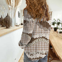 Brown Hawaii Tiare and Shell Lei Women Casual Shirt Hawaiian Palaka Luxury Vibes - Polynesian Pride