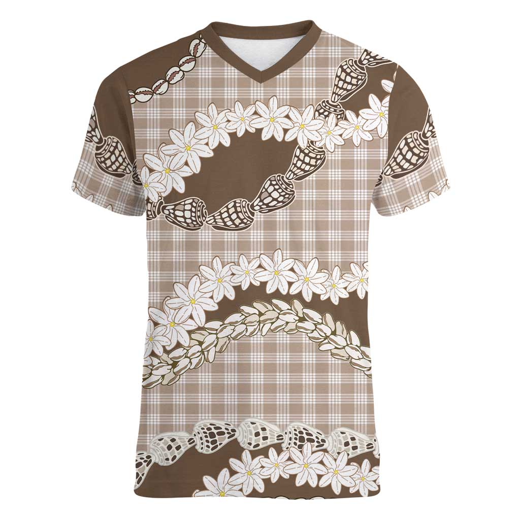 Brown Hawaii Tiare and Shell Lei Women V-Neck T-Shirt Hawaiian Palaka Luxury Vibes - Polynesian Pride
