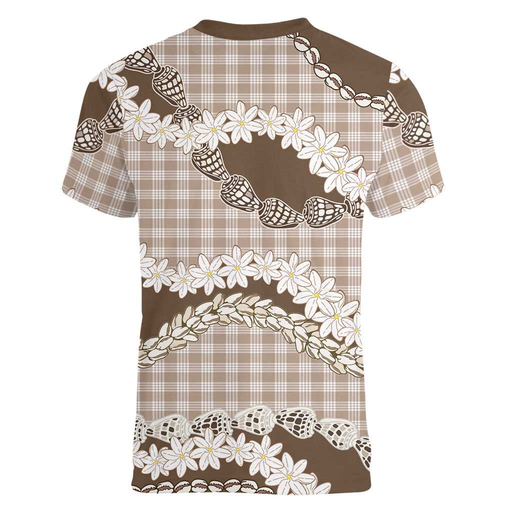 Brown Hawaii Tiare and Shell Lei Women V-Neck T-Shirt Hawaiian Palaka Luxury Vibes - Polynesian Pride