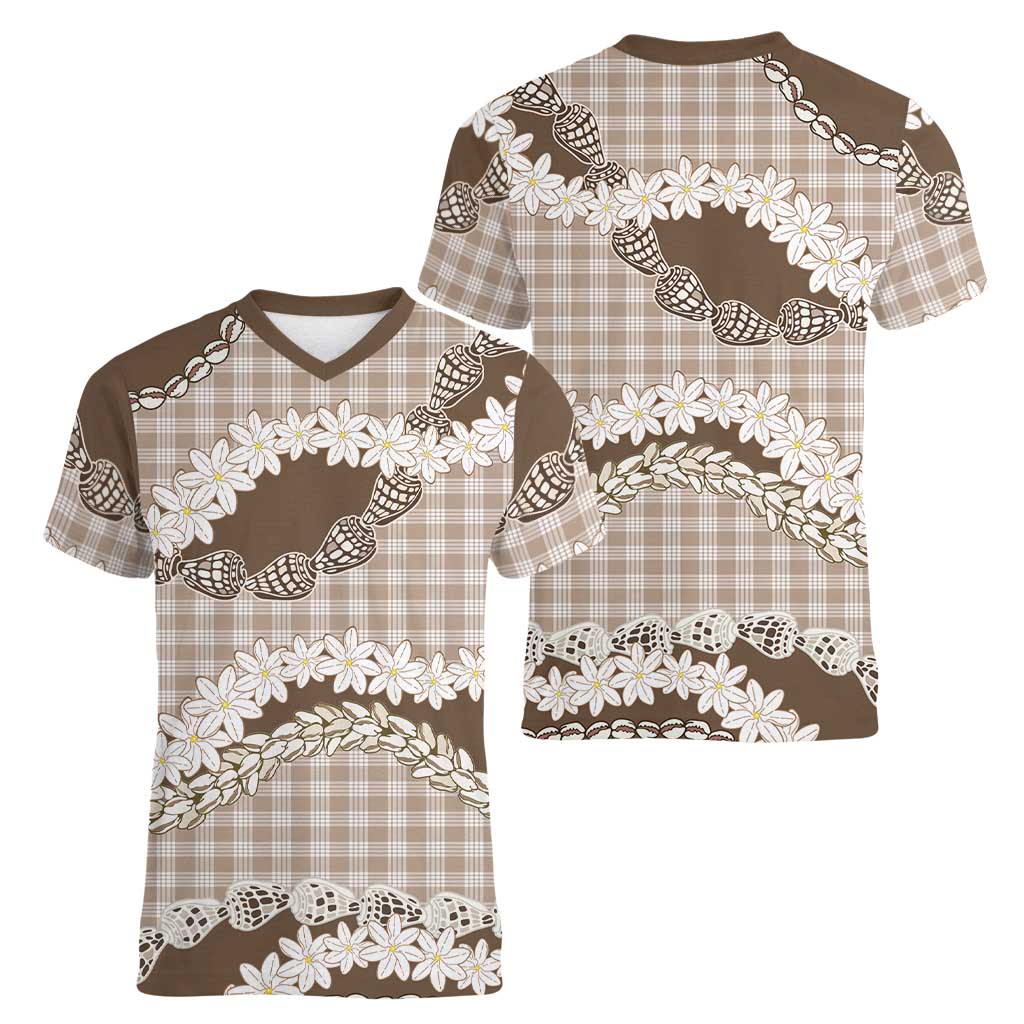 Brown Hawaii Tiare and Shell Lei Women V-Neck T-Shirt Hawaiian Palaka Luxury Vibes - Polynesian Pride
