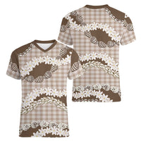 Brown Hawaii Tiare and Shell Lei Women V-Neck T-Shirt Hawaiian Palaka Luxury Vibes - Polynesian Pride