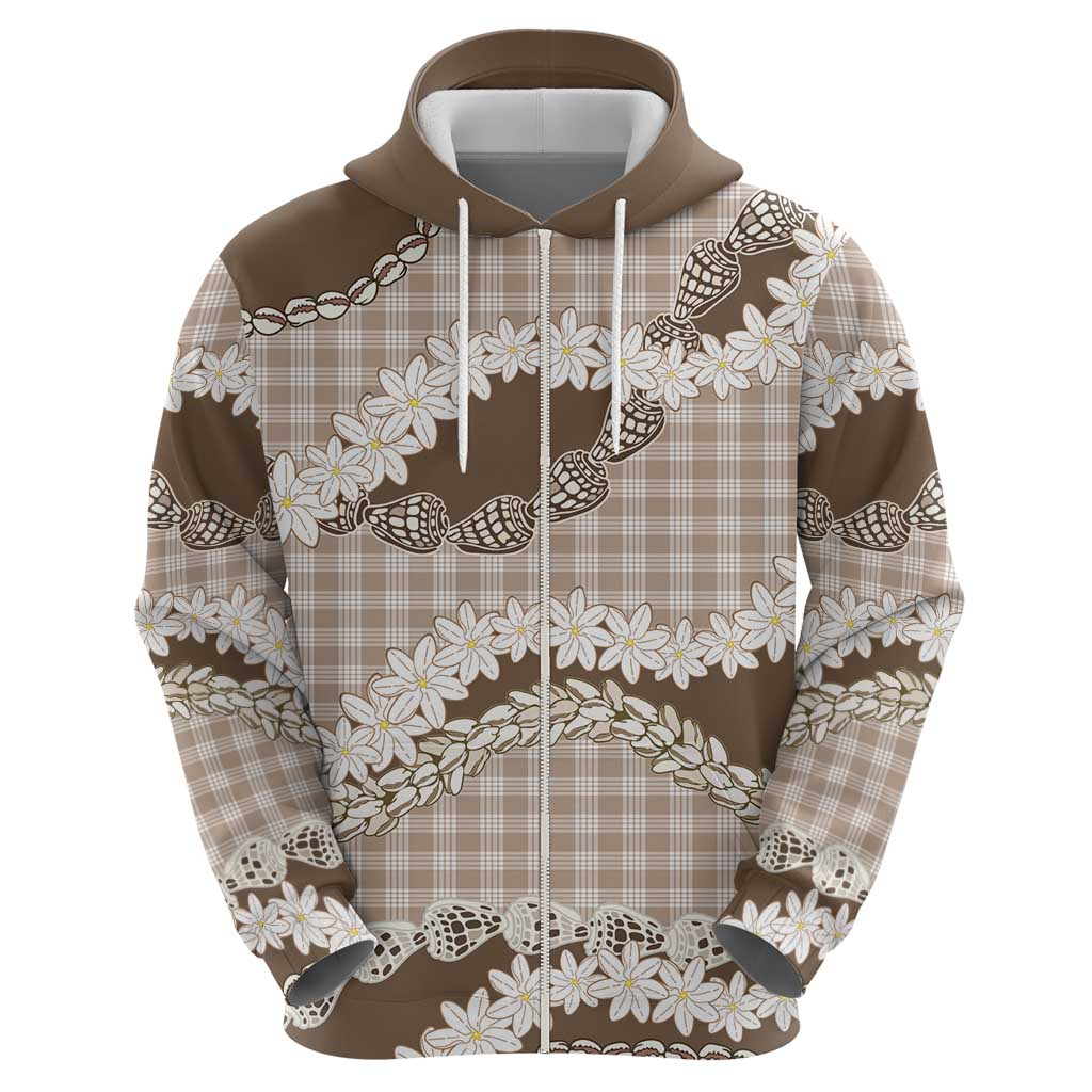 Brown Hawaii Tiare and Shell Lei Zip Hoodie Hawaiian Palaka Luxury Vibes LT14 - Polynesian Pride