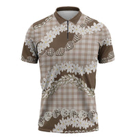 Brown Hawaii Tiare and Shell Lei Zipper Polo Shirt Hawaiian Palaka Luxury Vibes - Polynesian Pride