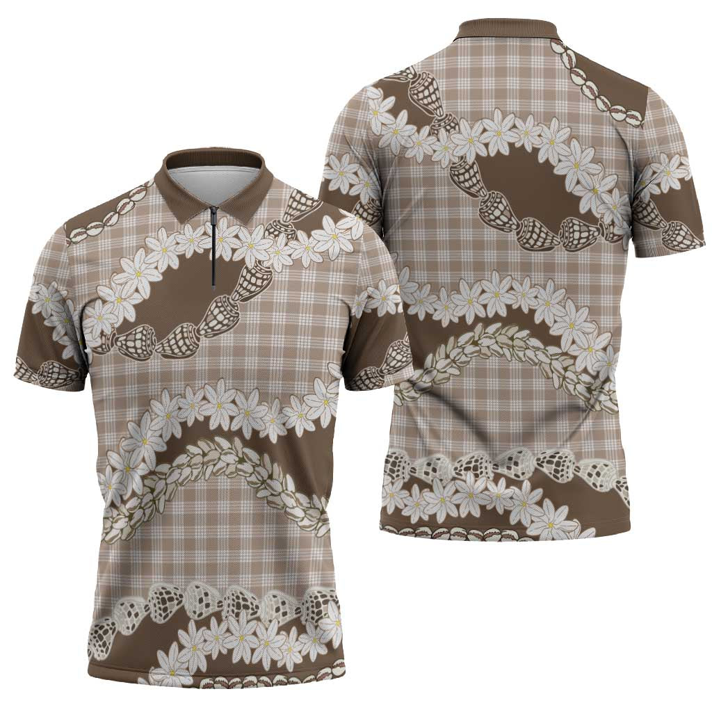 Brown Hawaii Tiare and Shell Lei Zipper Polo Shirt Hawaiian Palaka Luxury Vibes - Polynesian Pride