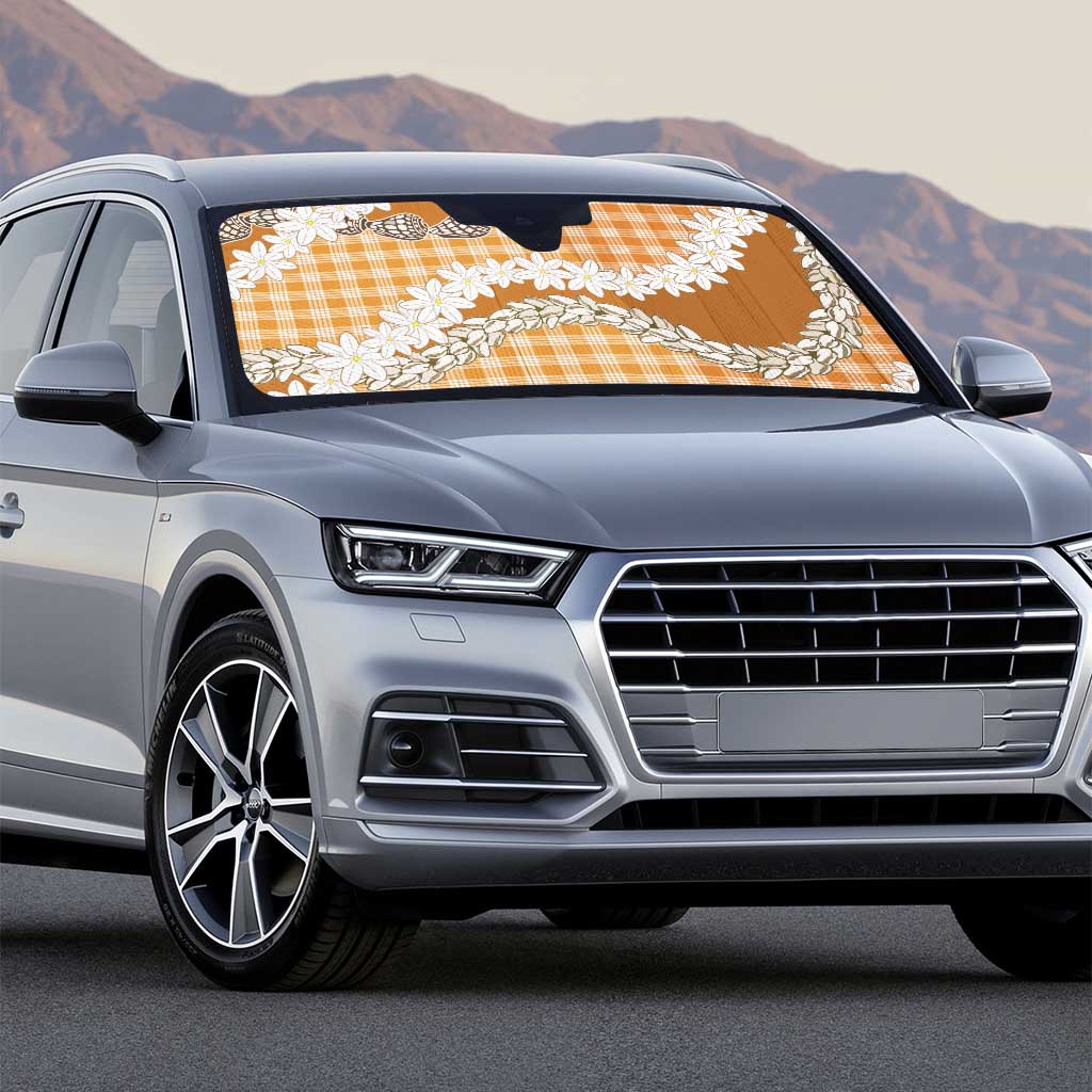 Orange Hawaii Tiare and Shell Lei Auto Sun Shade Hawaiian Palaka Luxury Vibes - Polynesian Pride