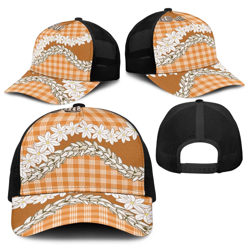 Orange Hawaii Tiare and Shell Lei Baseball Net Cap Hawaiian Palaka Luxury Vibes LT14 - Polynesian Pride