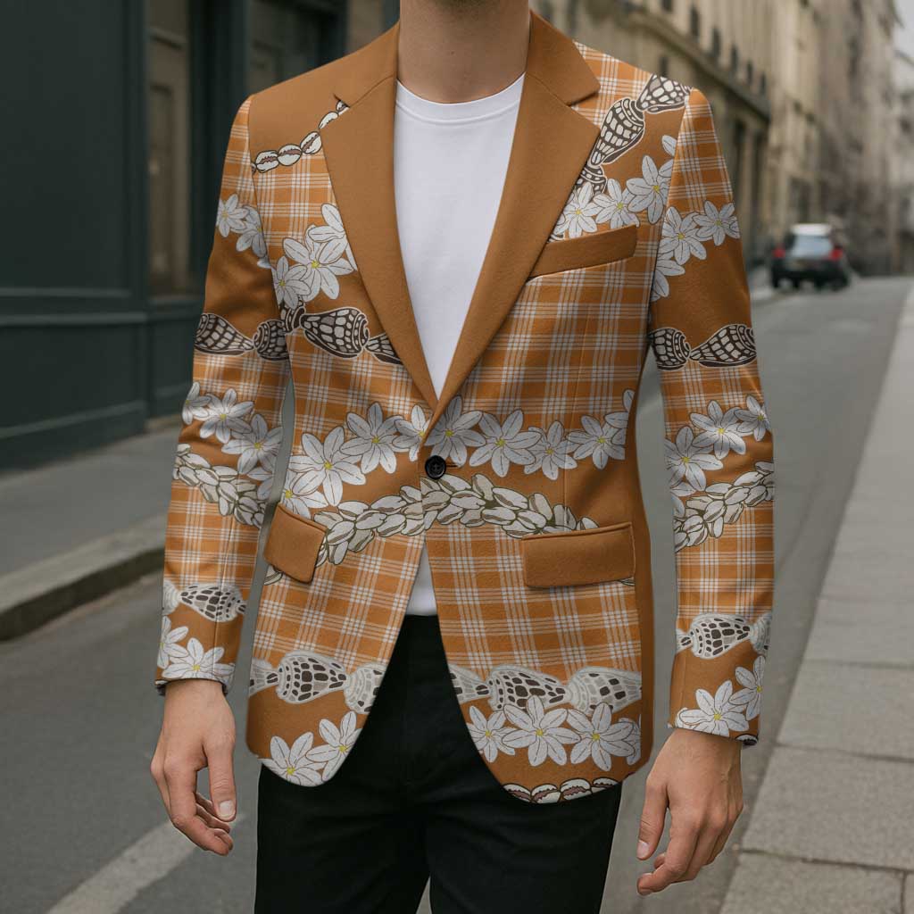 Orange Hawaii Tiare and Shell Lei Blazer Hawaiian Palaka Luxury Vibes - Polynesian Pride