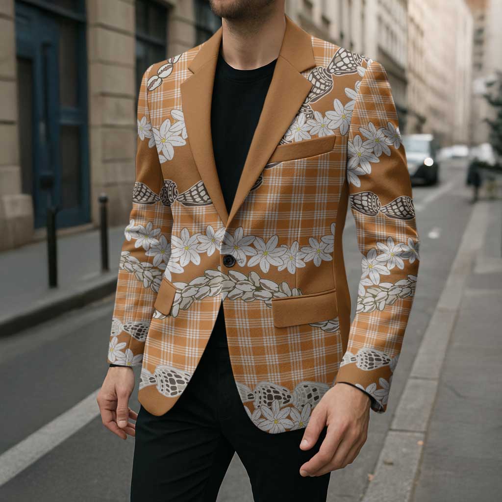 Orange Hawaii Tiare and Shell Lei Blazer Hawaiian Palaka Luxury Vibes - Polynesian Pride