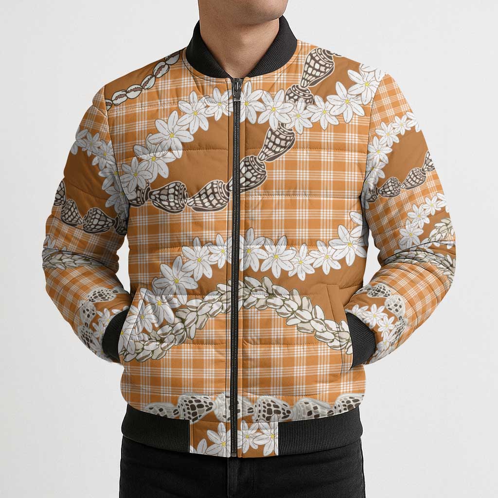 Orange Hawaii Tiare and Shell Lei Bomber Puffer Jacket Hawaiian Palaka Luxury Vibes LT14 - Polynesian Pride