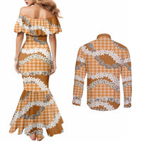 Orange Hawaii Tiare and Shell Lei Couples Matching Mermaid Dress and Long Sleeve Button Shirt Hawaiian Palaka Luxury Vibes - Polynesian Pride