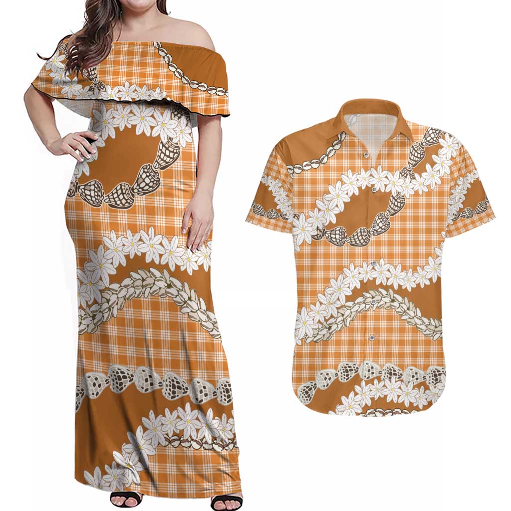 Orange Hawaii Tiare and Shell Lei Couples Matching Off Shoulder Maxi Dress and Hawaiian Shirt Hawaiian Palaka Luxury Vibes - Polynesian Pride