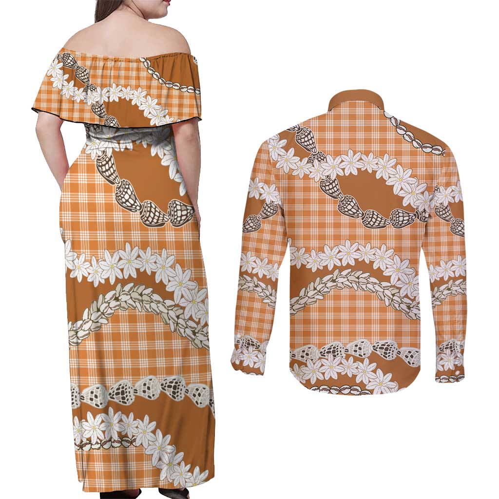 Orange Hawaii Tiare and Shell Lei Couples Matching Off Shoulder Maxi Dress and Long Sleeve Button Shirt Hawaiian Palaka Luxury Vibes - Polynesian Pride