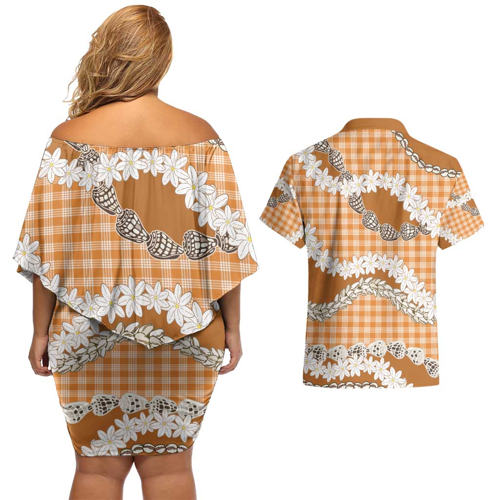 Orange Hawaii Tiare and Shell Lei Couples Matching Off Shoulder Short Dress and Hawaiian Shirt Hawaiian Palaka Luxury Vibes - Polynesian Pride