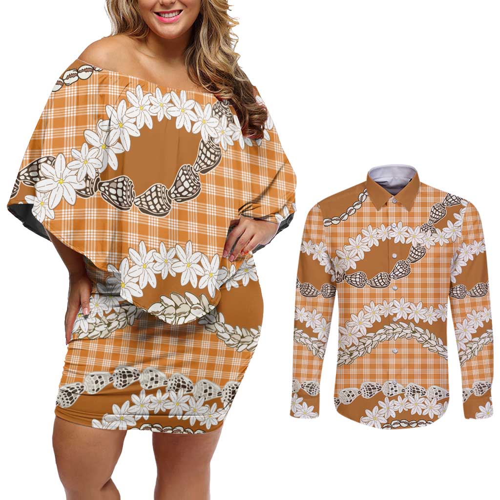 Orange Hawaii Tiare and Shell Lei Couples Matching Off Shoulder Short Dress and Long Sleeve Button Shirt Hawaiian Palaka Luxury Vibes - Polynesian Pride