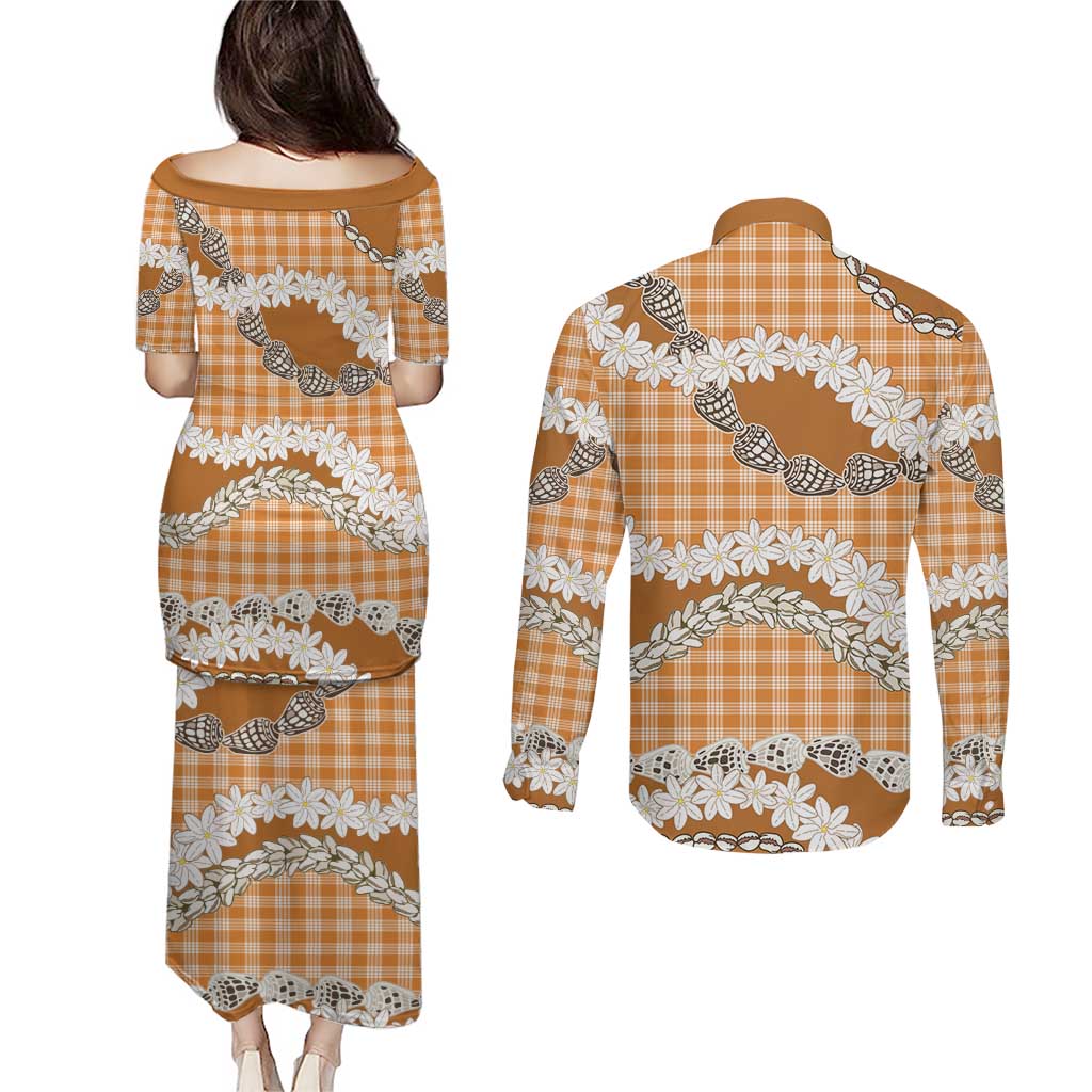 Orange Hawaii Tiare and Shell Lei Couples Matching Puletasi and Long Sleeve Button Shirt Hawaiian Palaka Luxury Vibes LT14 - Polynesian Pride