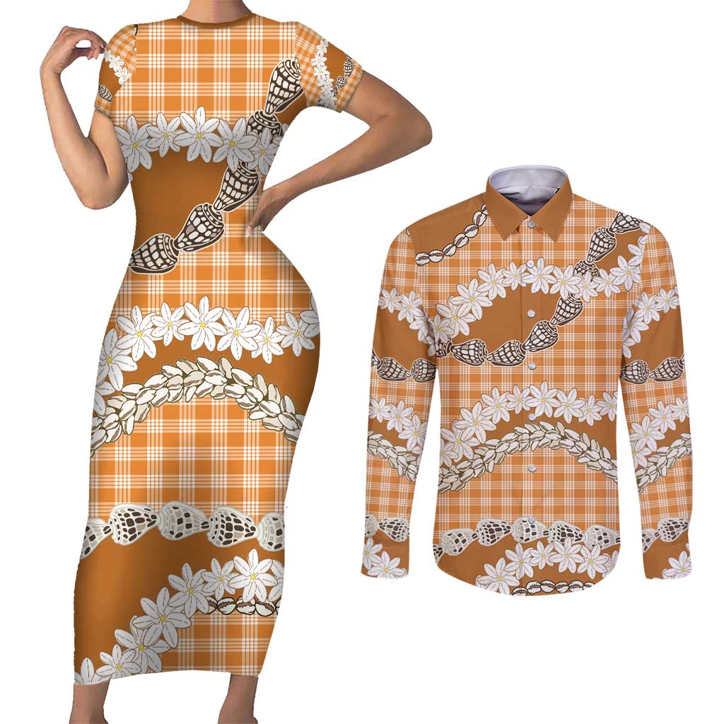 Orange Hawaii Tiare and Shell Lei Couples Matching Short Sleeve Bodycon Dress and Long Sleeve Button Shirt Hawaiian Palaka Luxury Vibes - Polynesian Pride
