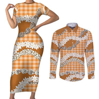 Orange Hawaii Tiare and Shell Lei Couples Matching Short Sleeve Bodycon Dress and Long Sleeve Button Shirt Hawaiian Palaka Luxury Vibes - Polynesian Pride