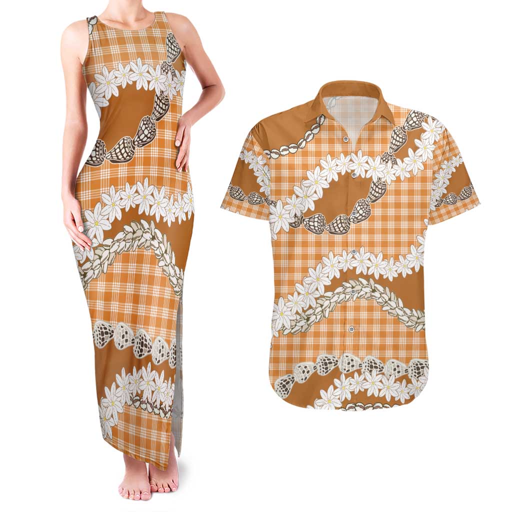 Orange Hawaii Tiare and Shell Lei Couples Matching Tank Maxi Dress and Hawaiian Shirt Hawaiian Palaka Luxury Vibes - Polynesian Pride
