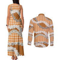 Orange Hawaii Tiare and Shell Lei Couples Matching Tank Maxi Dress and Long Sleeve Button Shirt Hawaiian Palaka Luxury Vibes - Polynesian Pride