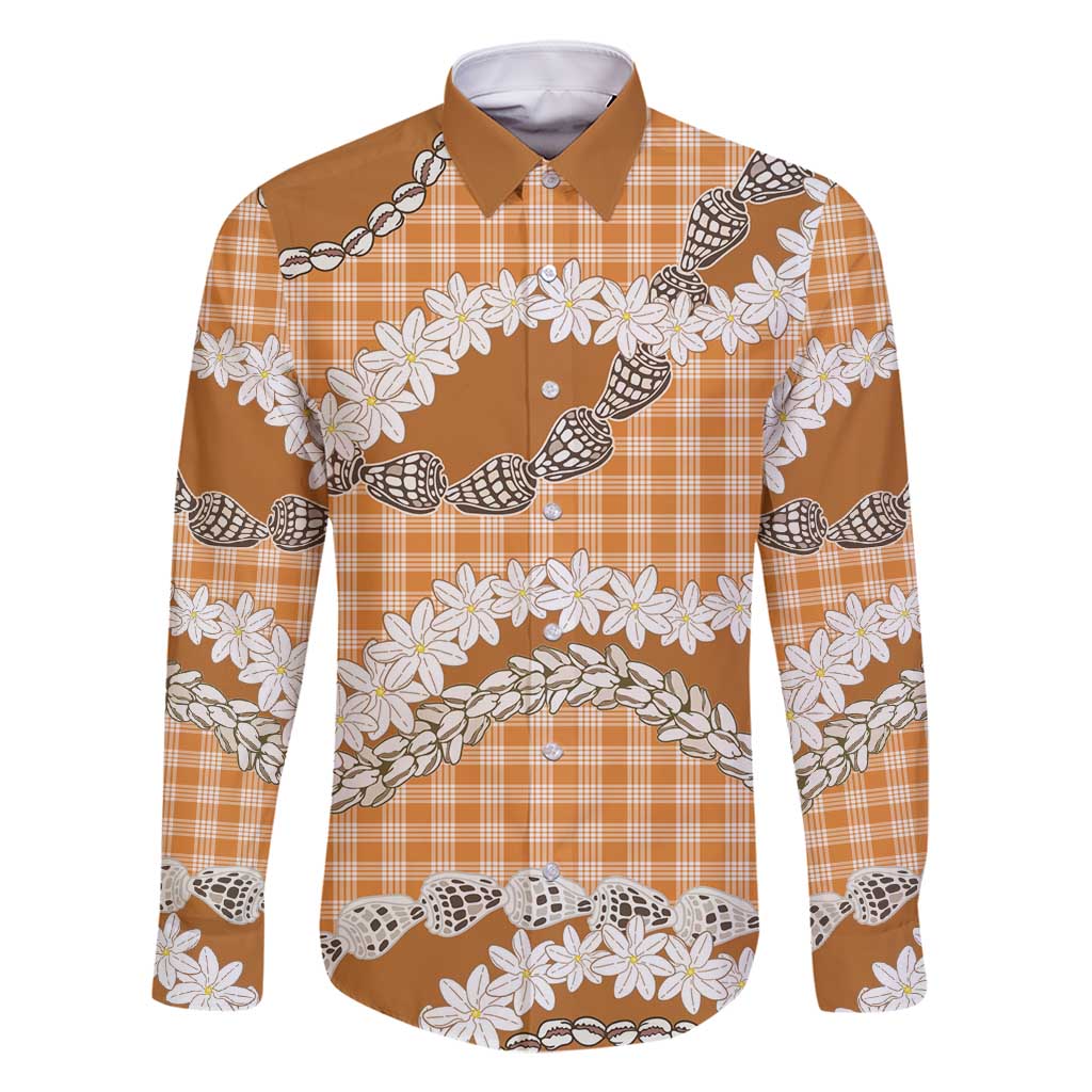 Orange Hawaii Tiare and Shell Lei Family Matching Long Sleeve Bodycon Dress and Hawaiian Shirt Hawaiian Palaka Luxury Vibes - Polynesian Pride