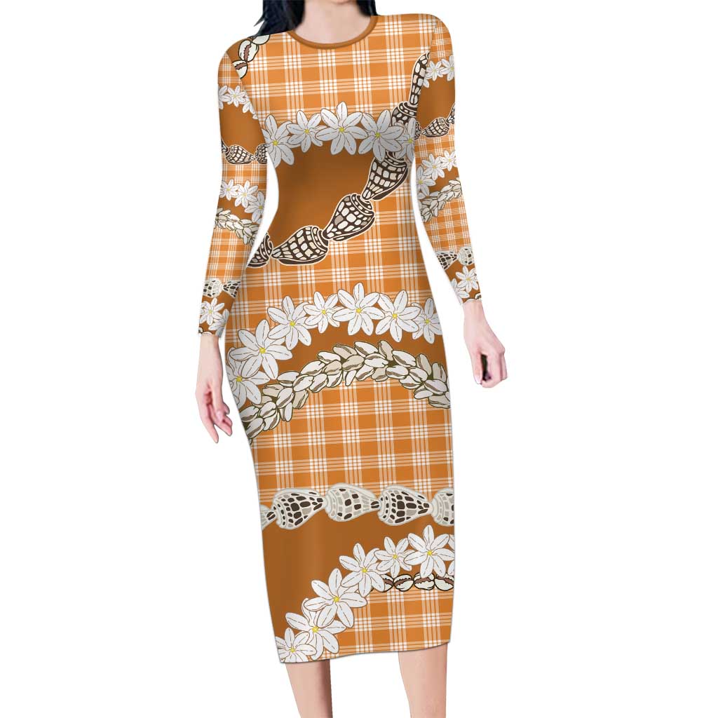 Orange Hawaii Tiare and Shell Lei Family Matching Long Sleeve Bodycon Dress and Hawaiian Shirt Hawaiian Palaka Luxury Vibes - Polynesian Pride