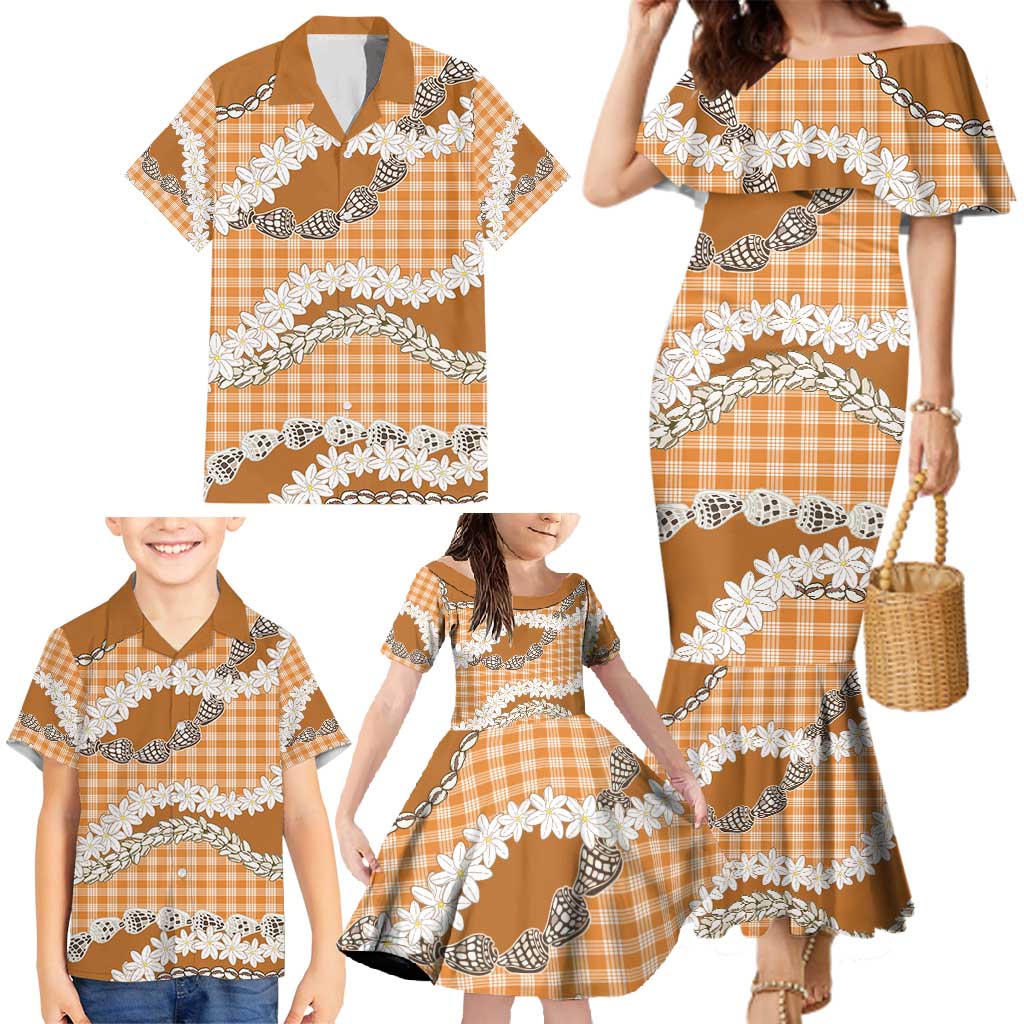 Orange Hawaii Tiare and Shell Lei Family Matching Mermaid Dress and Hawaiian Shirt Hawaiian Palaka Luxury Vibes - Polynesian Pride