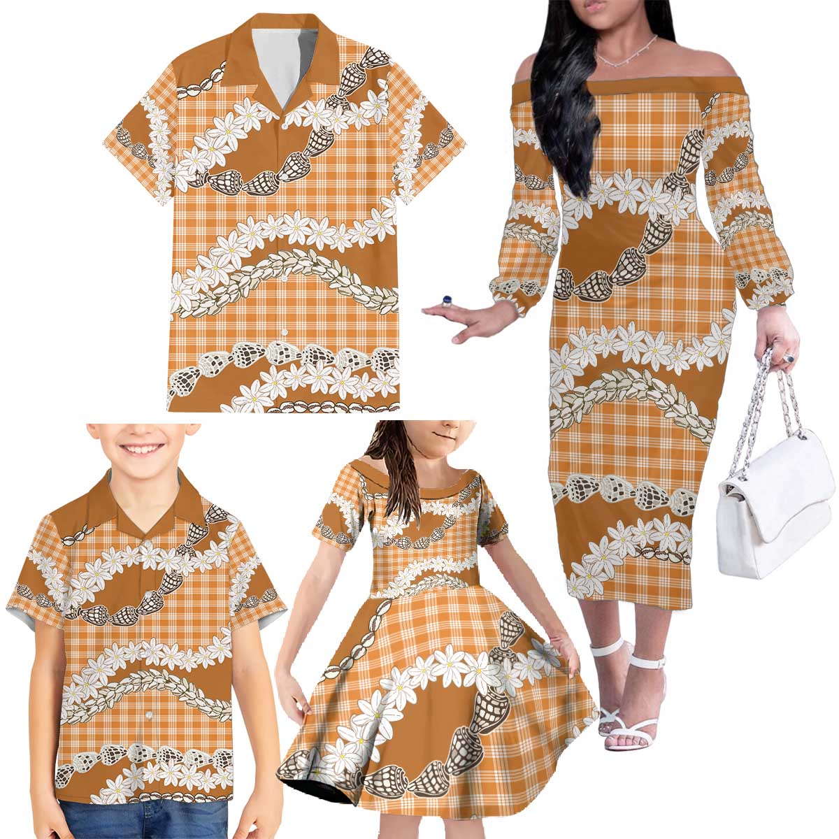 Orange Hawaii Tiare and Shell Lei Family Matching Off The Shoulder Long Sleeve Dress and Hawaiian Shirt Hawaiian Palaka Luxury Vibes - Polynesian Pride