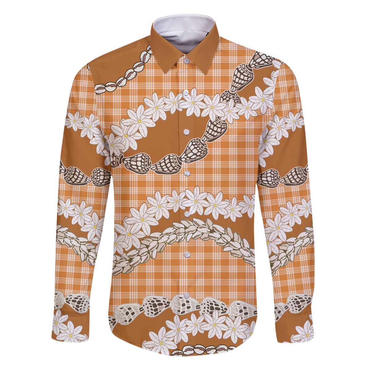Orange Hawaii Tiare and Shell Lei Family Matching Off The Shoulder Long Sleeve Dress and Hawaiian Shirt Hawaiian Palaka Luxury Vibes - Polynesian Pride
