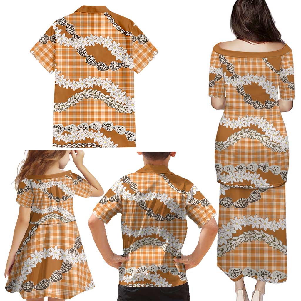 Orange Hawaii Tiare and Shell Lei Family Matching Puletasi and Hawaiian Shirt Hawaiian Palaka Luxury Vibes - Polynesian Pride