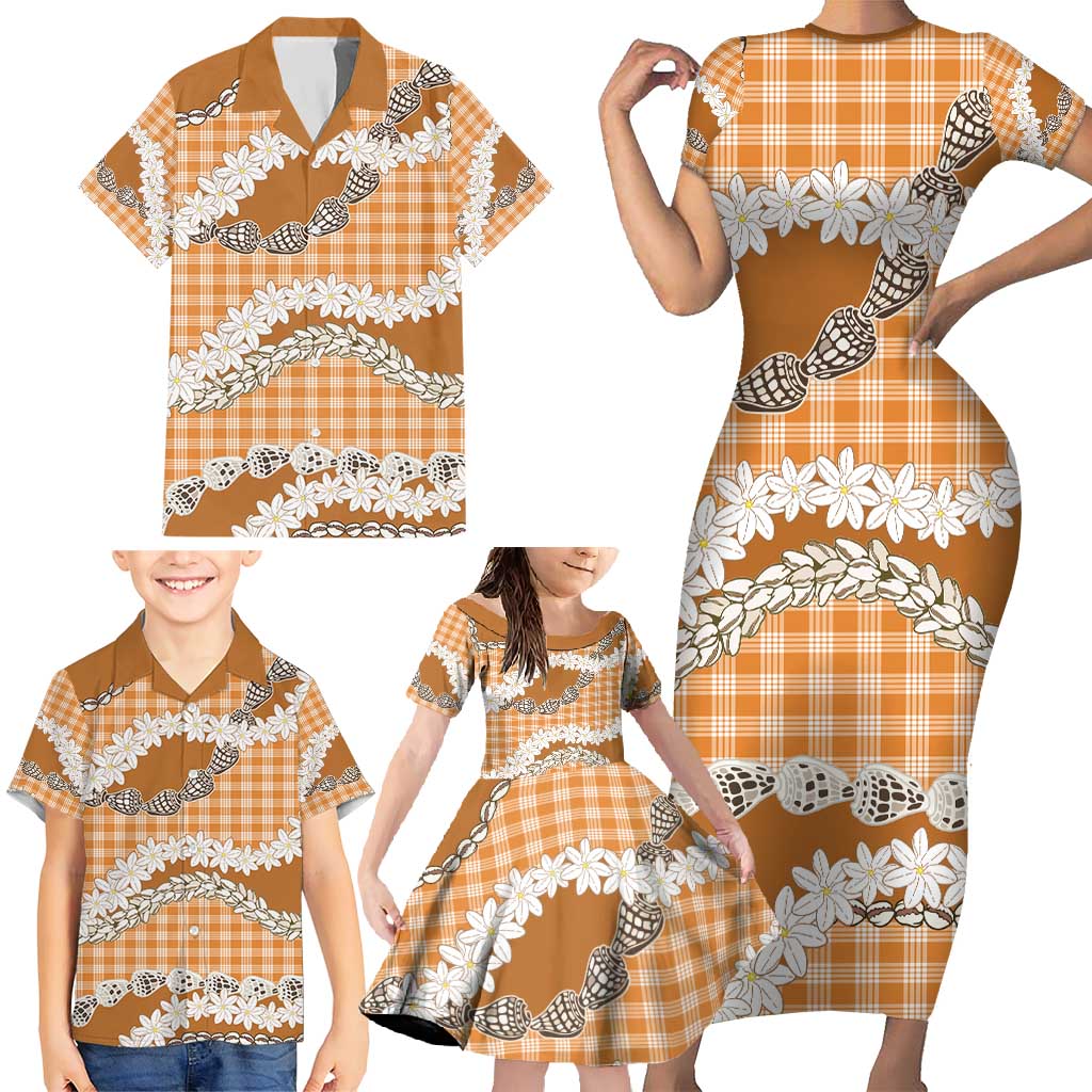 Orange Hawaii Tiare and Shell Lei Family Matching Short Sleeve Bodycon Dress and Hawaiian Shirt Hawaiian Palaka Luxury Vibes - Polynesian Pride