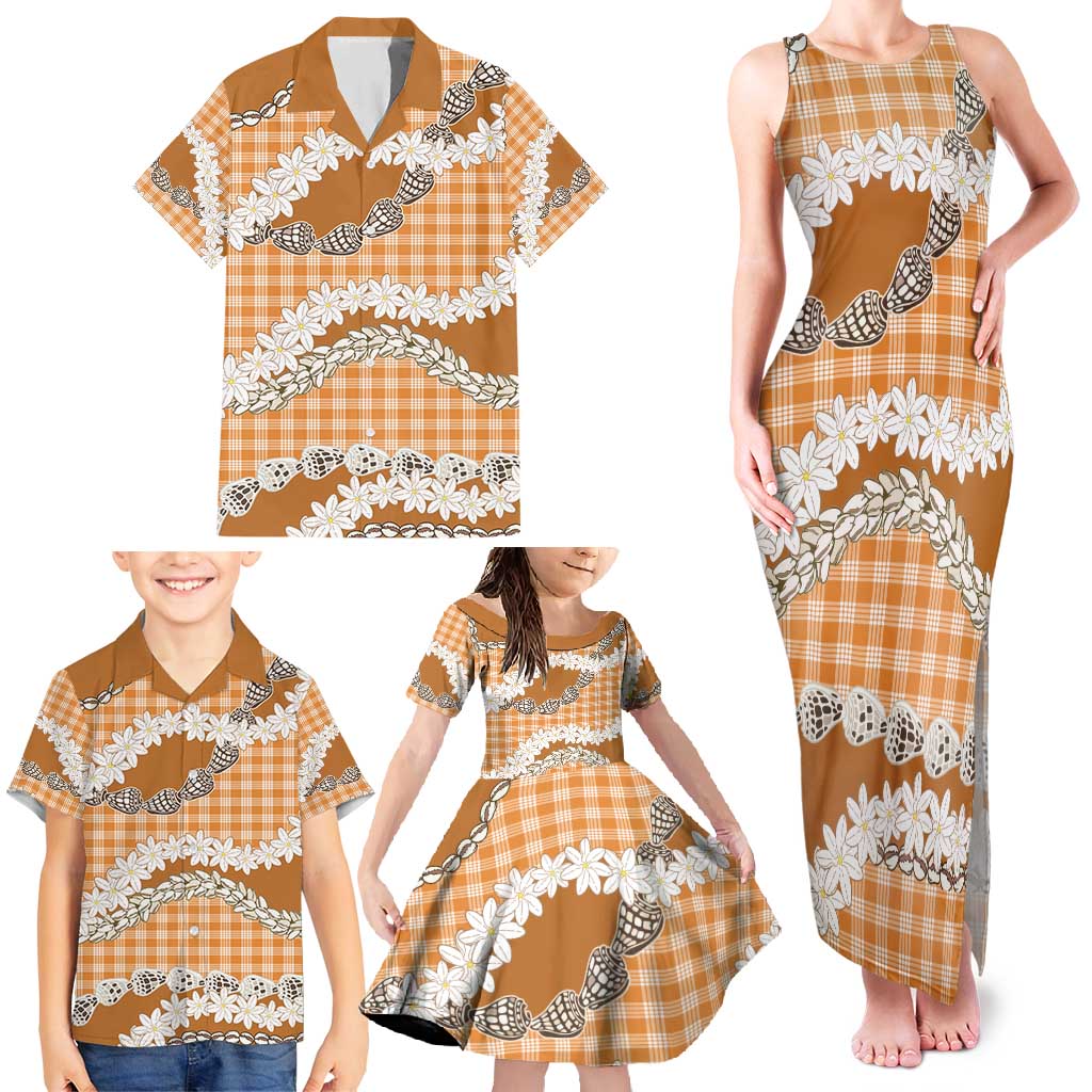 Orange Hawaii Tiare and Shell Lei Family Matching Tank Maxi Dress and Hawaiian Shirt Hawaiian Palaka Luxury Vibes - Polynesian Pride