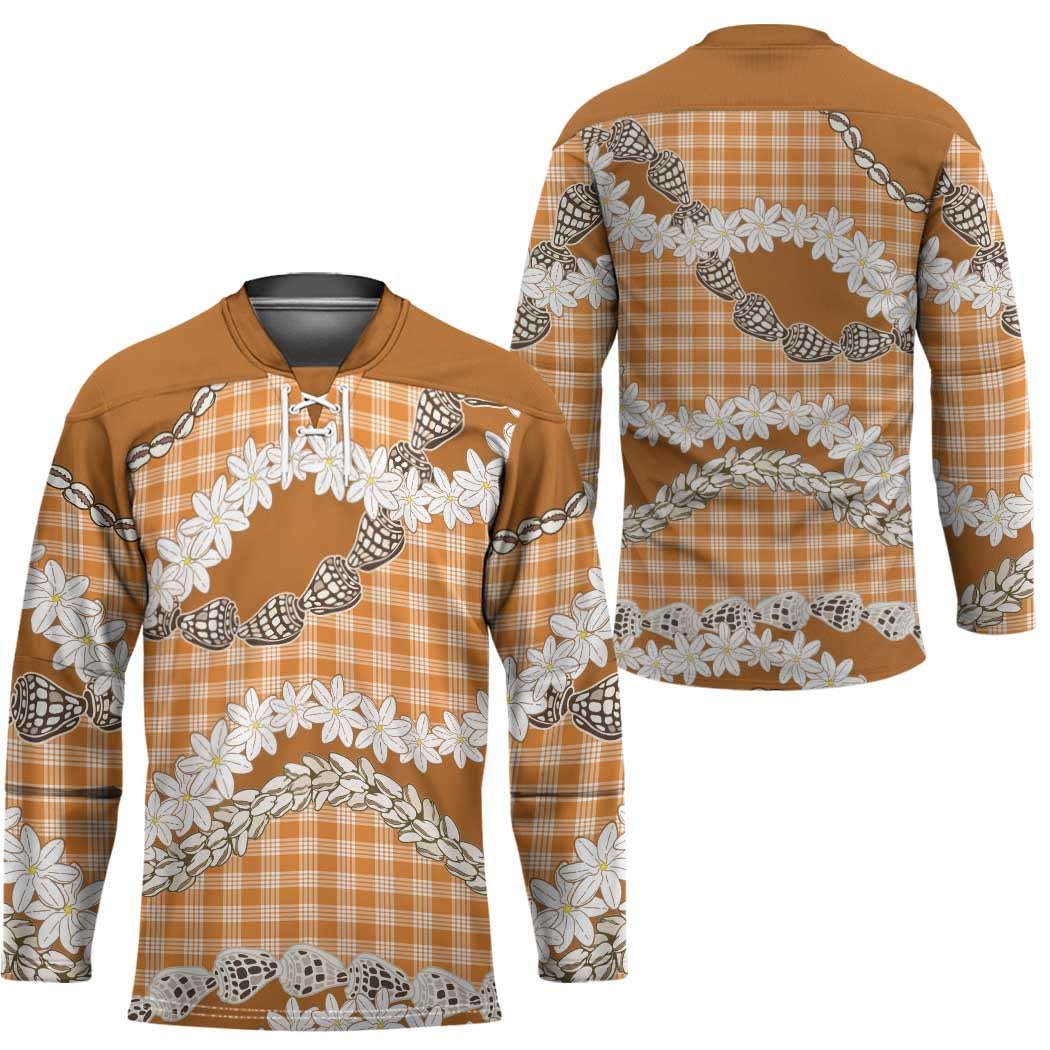 Orange Hawaii Tiare and Shell Lei Hockey Jersey Hawaiian Palaka Luxury Vibes - Polynesian Pride