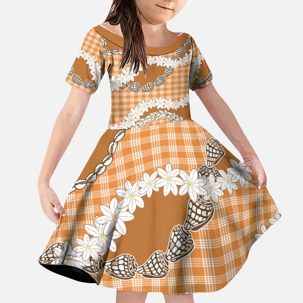 Orange Hawaii Tiare and Shell Lei Kid Short Sleeve Dress Hawaiian Palaka Luxury Vibes - Polynesian Pride