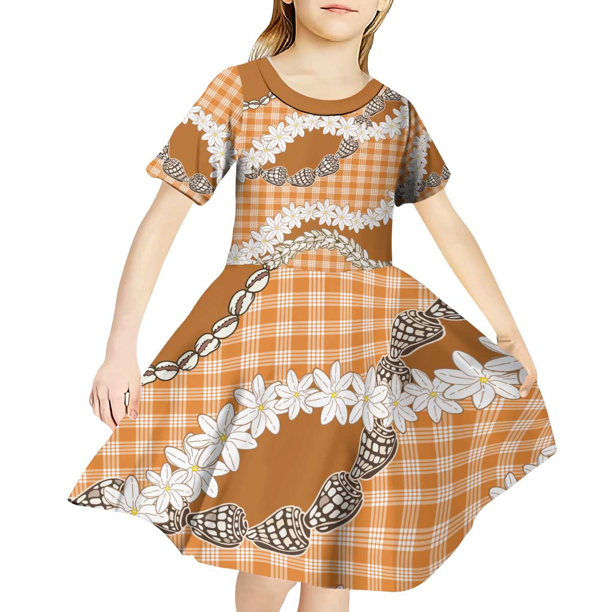 Orange Hawaii Tiare and Shell Lei Kid Short Sleeve Dress Hawaiian Palaka Luxury Vibes - Polynesian Pride