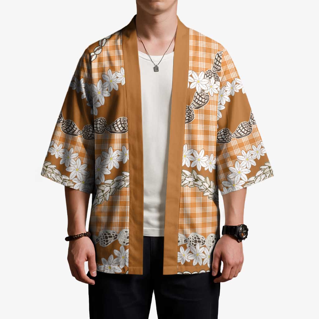 Orange Hawaii Tiare and Shell Lei Kimono Hawaiian Palaka Luxury Vibes - Polynesian Pride